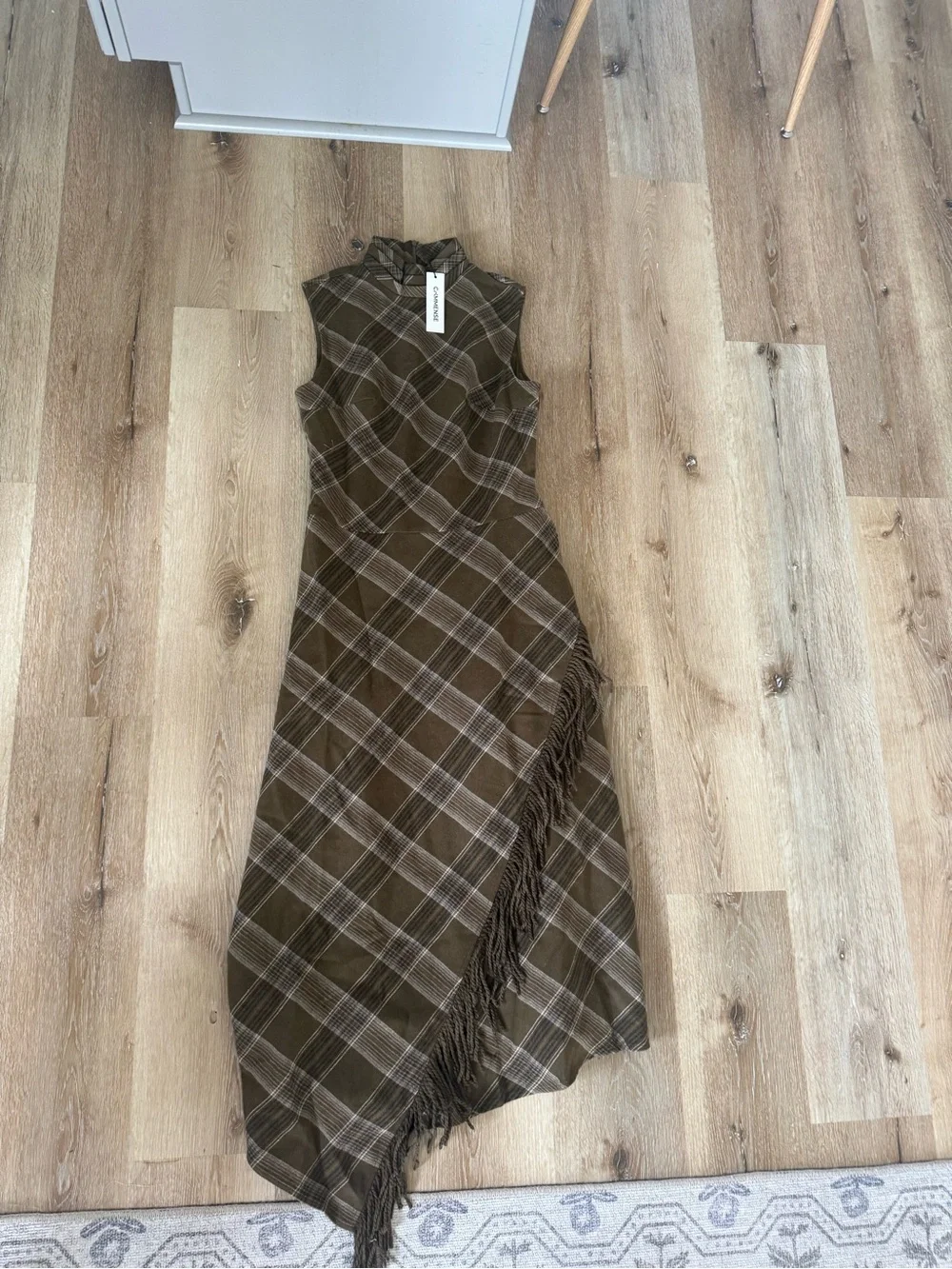 COMMENSE Olive Plaid Fringe Sleeveless Cotton Maxi Dress NWT size medium - Picture 6 of 7